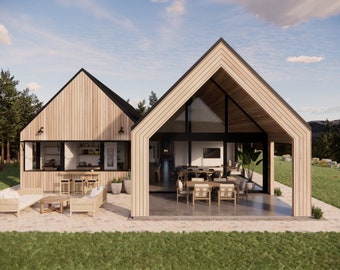 Twin Gable House Plans 4 Bedroom 2.5 Bath 2793 SQ FT 259.5M2 High Pitched Modern Scandi European Barn Barndominium