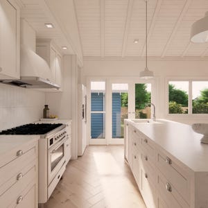 May include: A bright, modern kitchen with white cabinetry, a large island, and a stainless steel range. The room features hardwood floors, recessed lighting, and large windows overlooking a green outdoor space. The kitchen is well-lit and spacious.