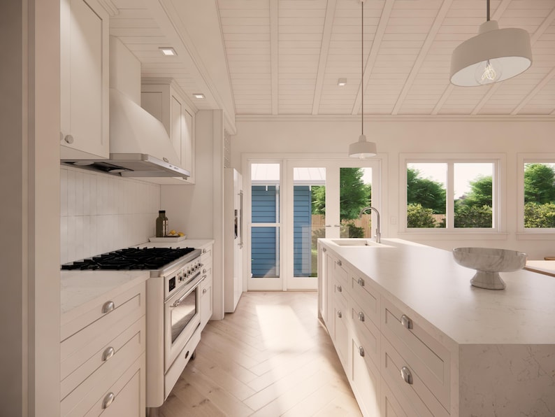 May include: A bright, modern kitchen with white cabinetry, a large island, and a stainless steel range. The room features hardwood floors, recessed lighting, and large windows overlooking a green outdoor space. The kitchen is well-lit and spacious.