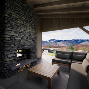 May include: Outdoor living space featuring a stone fireplace, wooden beams, and a gray sectional sofa. A wooden coffee table sits in front of the sofa. The view includes mountains and a patio.