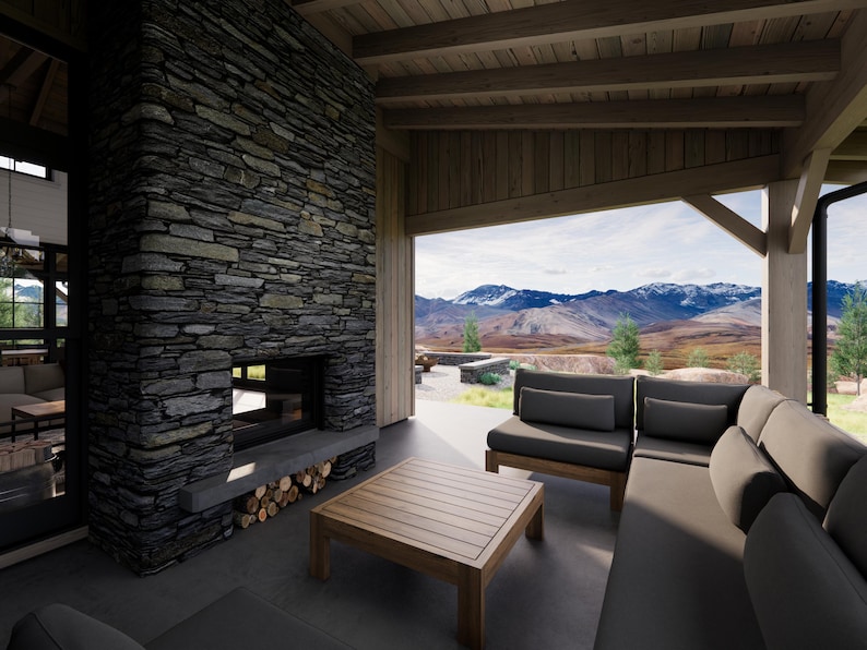 May include: Outdoor living space featuring a stone fireplace, wooden beams, and a gray sectional sofa. A wooden coffee table sits in front of the sofa. The view includes mountains and a patio.