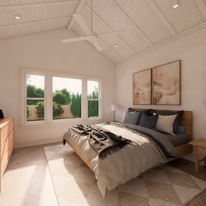 May include: A bright, airy bedroom with a vaulted, white-paneled ceiling and a large window overlooking greenery. The room features a wooden bed frame, a dresser, and a nightstand. A ceiling fan and two abstract paintings add to the room's decor.