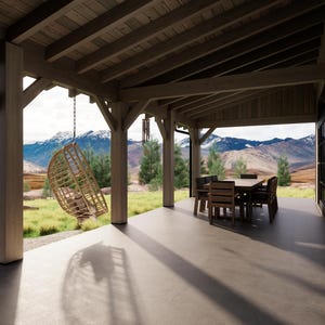 May include: A covered patio with a hanging wicker chair, a dining table, and chairs. The patio has wooden beams and columns. The background features a mountain range and green landscape. The patio floor is concrete.