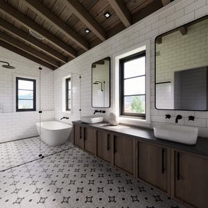 May include: Modern bathroom with white subway tile walls, a patterned tile floor, and a wooden ceiling. Features include a freestanding tub, rectangular mirrors, and a long wooden vanity with two sinks.