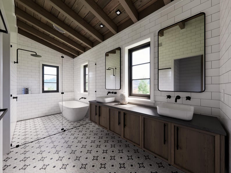 May include: Modern bathroom with white subway tile walls, a patterned tile floor, and a wooden ceiling. Features include a freestanding tub, rectangular mirrors, and a long wooden vanity with two sinks.