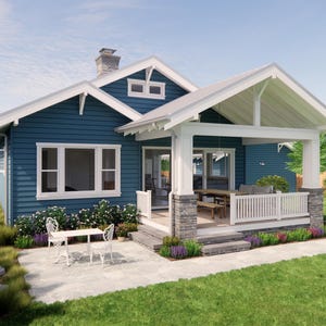 May include: A blue house with white trim, a porch, and a stone patio. The house has a gabled roof and a chimney. White chairs and a table are on the patio. Landscaping includes flowers and a green lawn.