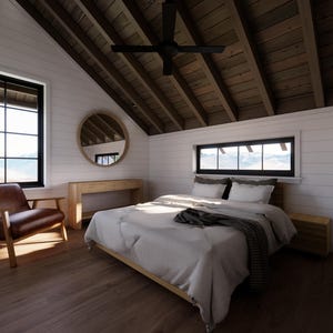 May include: Bedroom interior with a bed, chair, and window. The room features a wooden ceiling and floor, with white walls. A round mirror hangs on the wall. The bed has white bedding and a dark gray blanket.