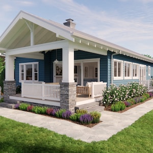 May include: A blue house with a white porch and trim. The house has a gabled roof and a stone foundation. A walkway leads to the front door, and there is a small table and chairs on the porch. Landscaping includes flowers and green grass.
