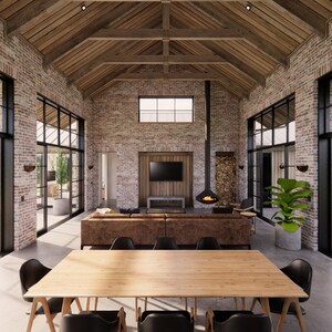 A living and dining rustic barn style home interior with very high ceilings, exposed timber trusses and reclaimed brickwork walls. Large steel windows flank both sides of the living spaces.