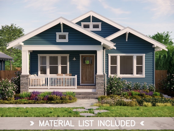 Tulip Cottage House Plans – Craftsman Bungalow with Garage – 3 Bedroom 2 Bath, 1224 SQFT