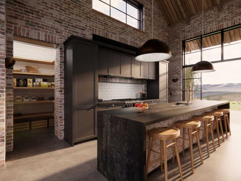 A rustic, industrial shaker style kitchen in dark cabinetry with a white subway tile splashback. The walls are reclaimed brick and the floors are polished concrete. A massive island bench in dark marble is the central focus of the kitchen.