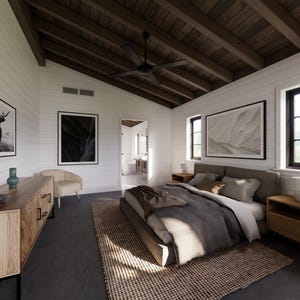 May include: A modern bedroom with white shiplap walls and a dark wood ceiling. The room features a bed with gray bedding, a wooden dresser, and framed artwork. A ceiling fan hangs from the ceiling.