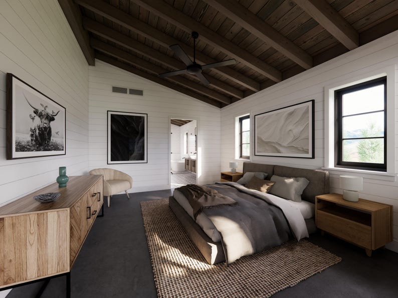 May include: A modern bedroom with white shiplap walls and a dark wood ceiling. The room features a bed with gray bedding, a wooden dresser, and framed artwork. A ceiling fan hangs from the ceiling.