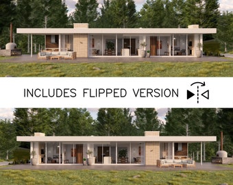 May include: A white modern house with large windows and a patio. The house is surrounded by trees and grass. The image includes the text "INCLUDES FLIPPED VERSION".