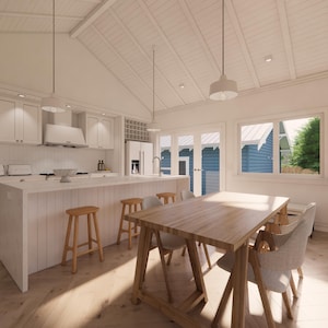 May include: Bright, airy kitchen and dining area with white cabinetry, a large island, and a wooden dining table. The room features a vaulted ceiling, pendant lights, and large windows offering natural light. Wooden stools and chairs complete the space.
