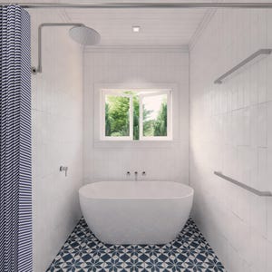 May include: A modern bathroom with white tiled walls and a patterned blue and white tile floor. The room features a white oval bathtub, a shower with a striped blue and white curtain, and a window overlooking greenery. Towel bars are mounted on the wall.