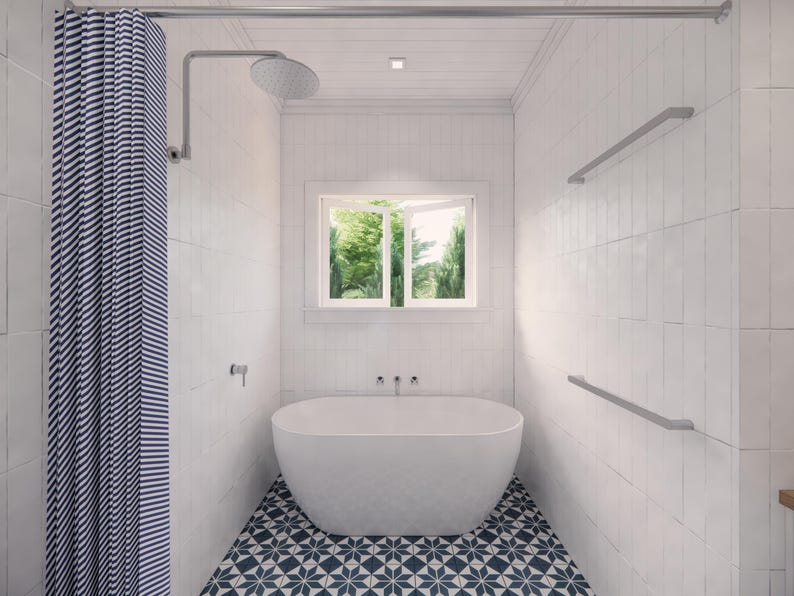 May include: A modern bathroom with white tiled walls and a patterned blue and white tile floor. The room features a white oval bathtub, a shower with a striped blue and white curtain, and a window overlooking greenery. Towel bars are mounted on the wall.