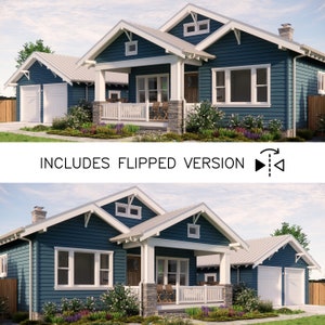 May include: A two-story house with a blue exterior, white trim, and a covered porch. The house has a garage and is surrounded by landscaping. The text "INCLUDES FLIPPED VERSION" is displayed.
