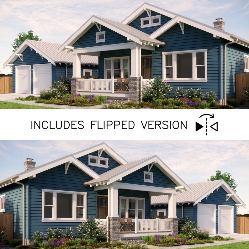 May include: A two-story house with a blue exterior, white trim, and a covered porch. The house has a garage and is surrounded by landscaping. The text "INCLUDES FLIPPED VERSION" is displayed.