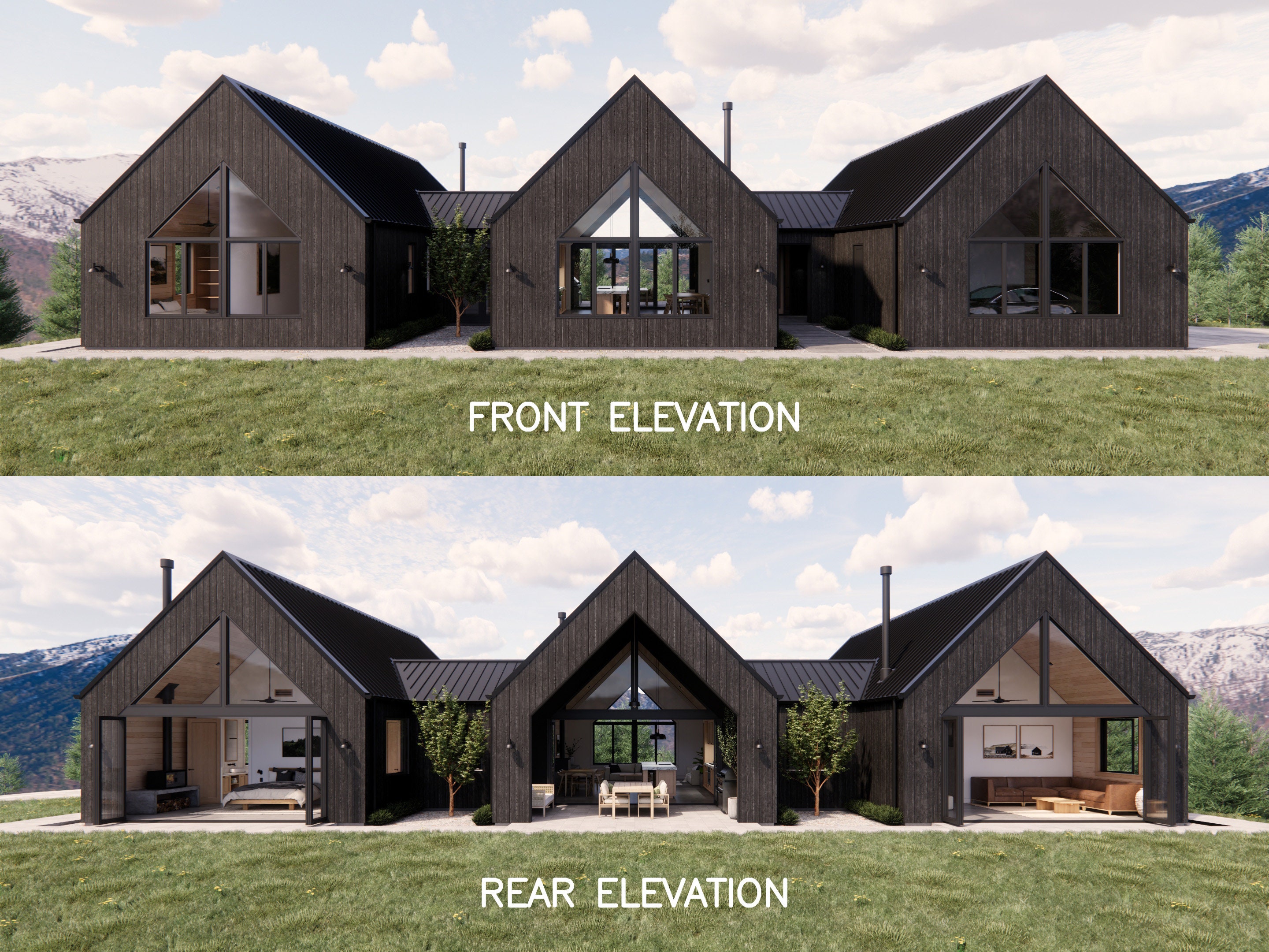 Trio House Plans 2364 SQ FT Modern Scandinavian Farmhouse 4 Bedroom 2.5 Bath 84x46' Blueprint