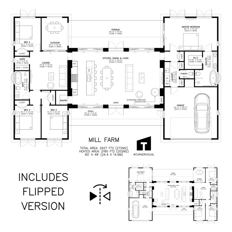 Floor plan of Mill Farm by Turnervisual. This set of PDF plans includes a reversed or flipped version that mirrors the layout if required.