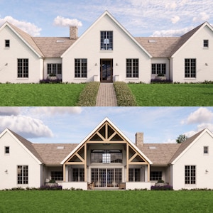 May include: A two-storey white house with a brick pathway leading to the front door. The house has a symmetrical design with multiple windows, a chimney, and a green lawn. The word "FRONT" is visible.