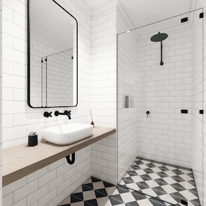 May include: Modern bathroom with white subway tile walls, a black-framed mirror, and a floating wooden vanity with a white rectangular sink. The shower has a glass door and a black showerhead. The floor features a black and white diamond pattern.