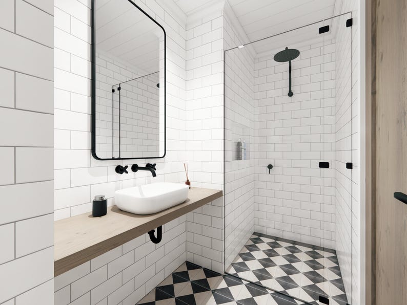 May include: Modern bathroom with white subway tile walls, a black-framed mirror, and a floating wooden vanity with a white rectangular sink. The shower has a glass door and a black showerhead. The floor features a black and white diamond pattern.