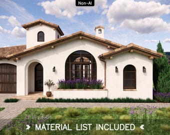 May include: A single-story house with white stucco walls, a brown tiled roof, and a tower section. The exterior features arched windows, a dark wooden garage door, and a planter box filled with purple lavender. Text reads MATERIAL LIST INCLUDED.