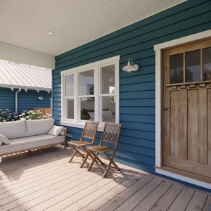 May include: A porch with a blue exterior, white trim, and a wooden door. A wooden swing and two folding chairs are on the porch. The porch has a white ceiling and a wooden floor. A white railing is on the left side of the porch.