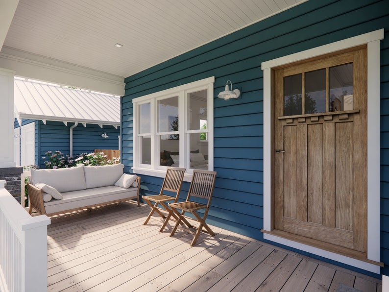 May include: A porch with a blue exterior, white trim, and a wooden door. A wooden swing and two folding chairs are on the porch. The porch has a white ceiling and a wooden floor. A white railing is on the left side of the porch.