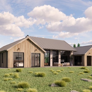 A rear angle view of Mill Farm, a home design by Turnervisual. Three pavilions made of a pleasant mix of rough sawn wood and recycled bricks intersect to form the structure of this luxurious farmhouse. The house is shown in a rural setting.