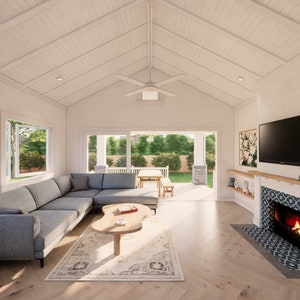 May include: A modern living room with a gray sectional sofa, a wooden coffee table, and a fireplace with a decorative tile surround. The room has large windows and a sliding glass door leading to an outdoor patio.
