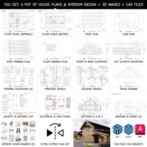 May include: A collection of architectural house plans and interior design elements. Includes floor plans in imperial and metric units, roof plans, elevations, and details. Also features 3D images, CAD files, and interior design boards.