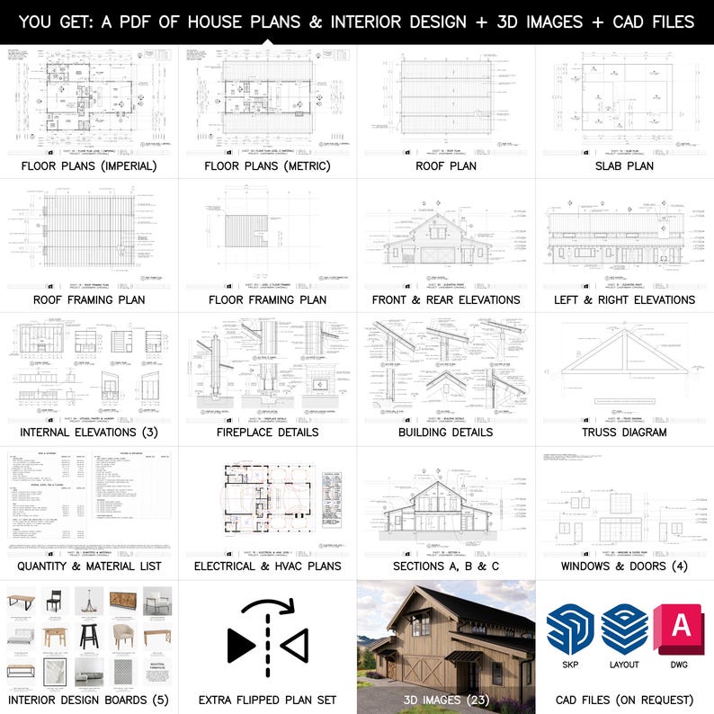 May include: A collection of architectural house plans and interior design elements. Includes floor plans in imperial and metric units, roof plans, elevations, and details. Also features 3D images, CAD files, and interior design boards.