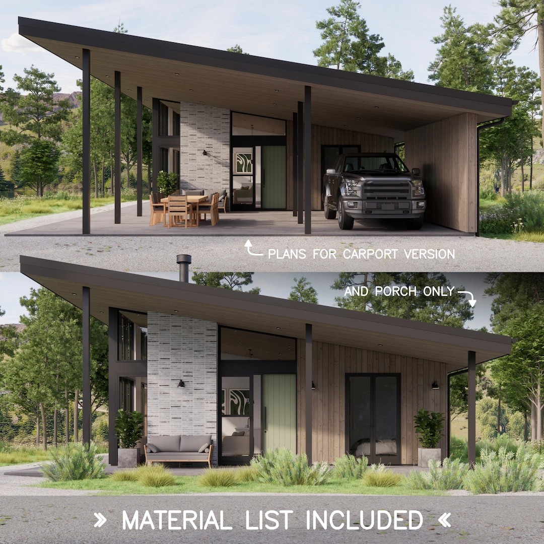 Sunset House Plans Barndominium Shed Carport Mid Century Modern Cabin ...