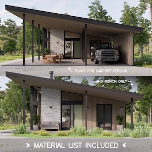 Sunset House Plans Barndominium Schuur Carport Mid Century Modern Cabin 1137 vierkante voet 3 slaapkamers en 2 badkamers 70' x 30' Lake House Cottage