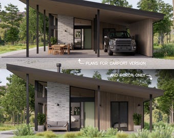 May include: A modern house with a slanted roof and a carport. The house is made of wood and brick and has large windows. The carport is made of wood and has a metal roof. The house is surrounded by trees and bushes.
