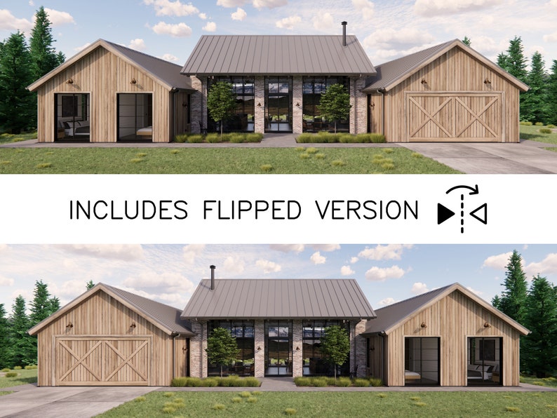 The front facade of Mill Farm in a rural setting with a mountain landscape visible through the double sided living areas. The home features 3 pavilions in rough sawn cladding and recycled bricks.