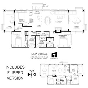 May include: Architectural floor plan of the Tulip Cottage, featuring a detailed layout with rooms labeled such as kitchen, bedrooms, and living areas. Includes dimensions in feet and inches, and the heated area is 1224 sq ft. The plan also includes a flipped version.
