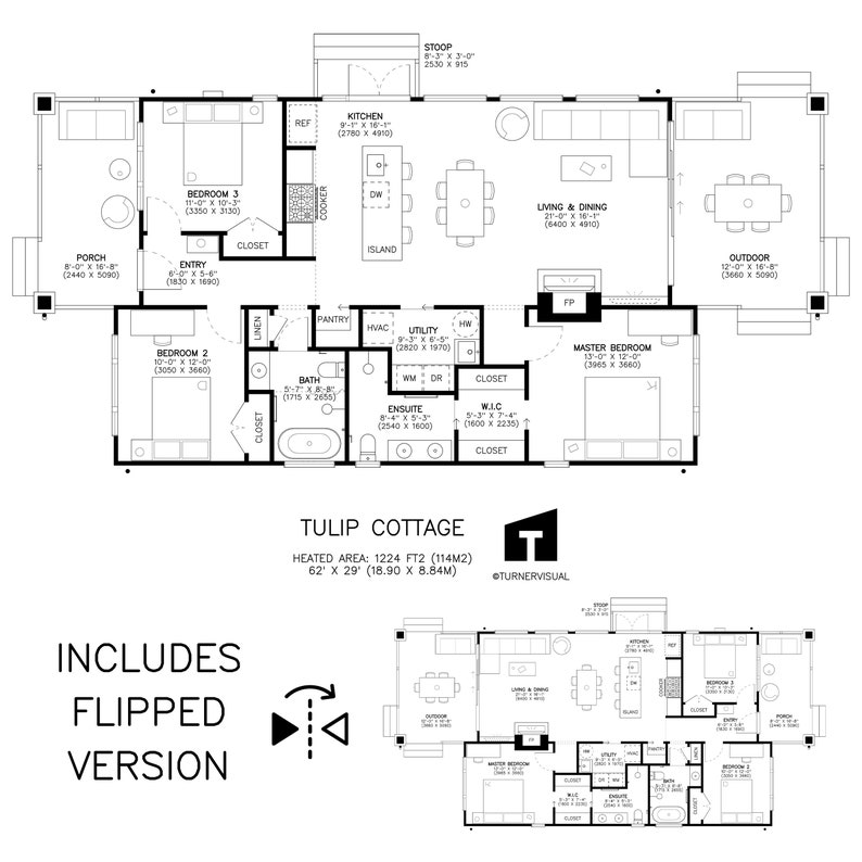 May include: Architectural floor plan of the Tulip Cottage, featuring a detailed layout with rooms labeled such as kitchen, bedrooms, and living areas. Includes dimensions in feet and inches, and the heated area is 1224 sq ft. The plan also includes a flipped version.