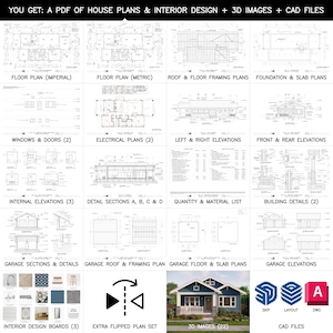 May include: A digital download product showcasing house plans, interior design, 3D images, and CAD files. The image displays various architectural plans, including floor plans (imperial and metric), roof and framing plans, and elevation views. Includes interior design boards and CAD file formats.
