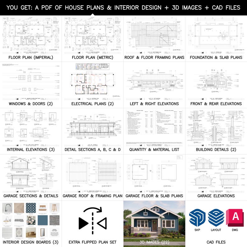 May include: A digital download product showcasing house plans, interior design, 3D images, and CAD files. The image displays various architectural plans, including floor plans (imperial and metric), roof and framing plans, and elevation views. Includes interior design boards and CAD file formats.