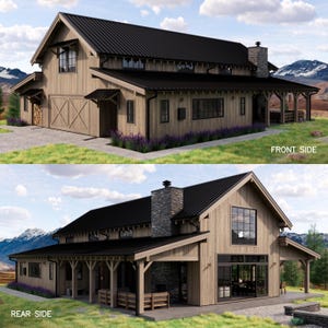 May include: Two-story wooden house with a black metal roof, a stone chimney, and a wraparound porch. The house has a garage and large windows. The text "FRONT SIDE" and "REAR SIDE" are visible.