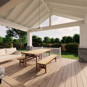 May include: A covered outdoor patio with a wooden deck, a light-colored sofa, and a wooden dining table with benches. The patio has white columns, a white ceiling, and a view of a green lawn and trees.