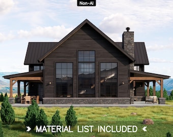 May include: A dark brown house with a metal roof, large windows, and a stone chimney. The structure features covered porches with wooden beams on both sides. The text "Non-AI" appears at the top, and "MATERIAL LIST INCLUDED" at the bottom.