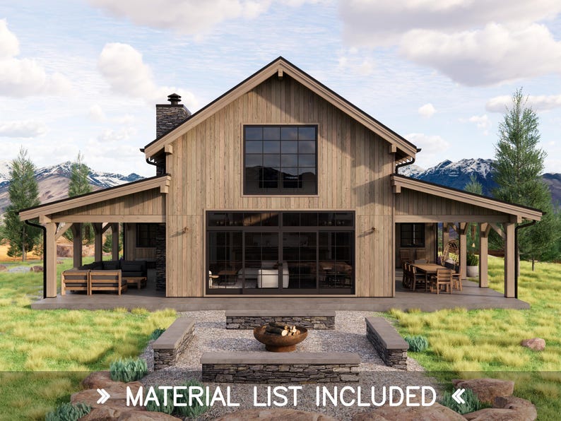 May include: A large, two-story wooden house with a gabled roof and a stone chimney. The house has a covered porch and large windows. The text "MATERIAL LIST INCLUDED" is at the bottom of the image. The house is surrounded by green grass and mountains.