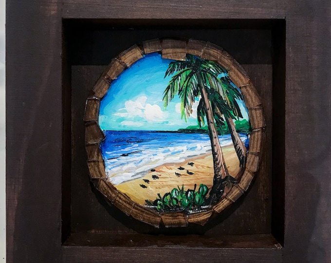 Beach and Sea Turtles Acrylic Painting on Rustic Wood Round Etsy