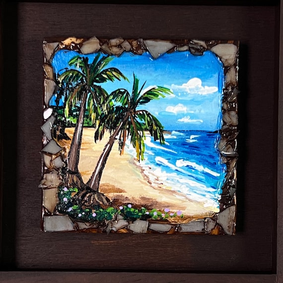 Peinture miniature de paysage de plage portoricaine sur bois