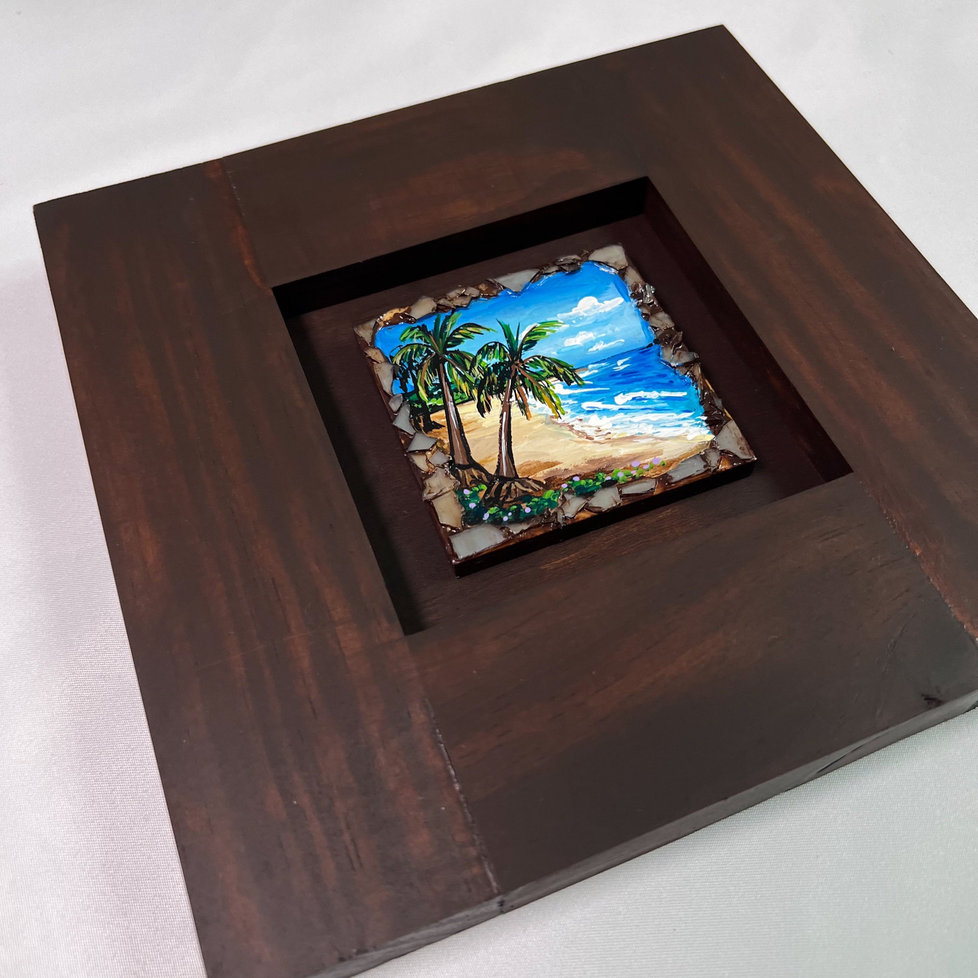 Peinture miniature de paysage de plage portoricaine sur bois